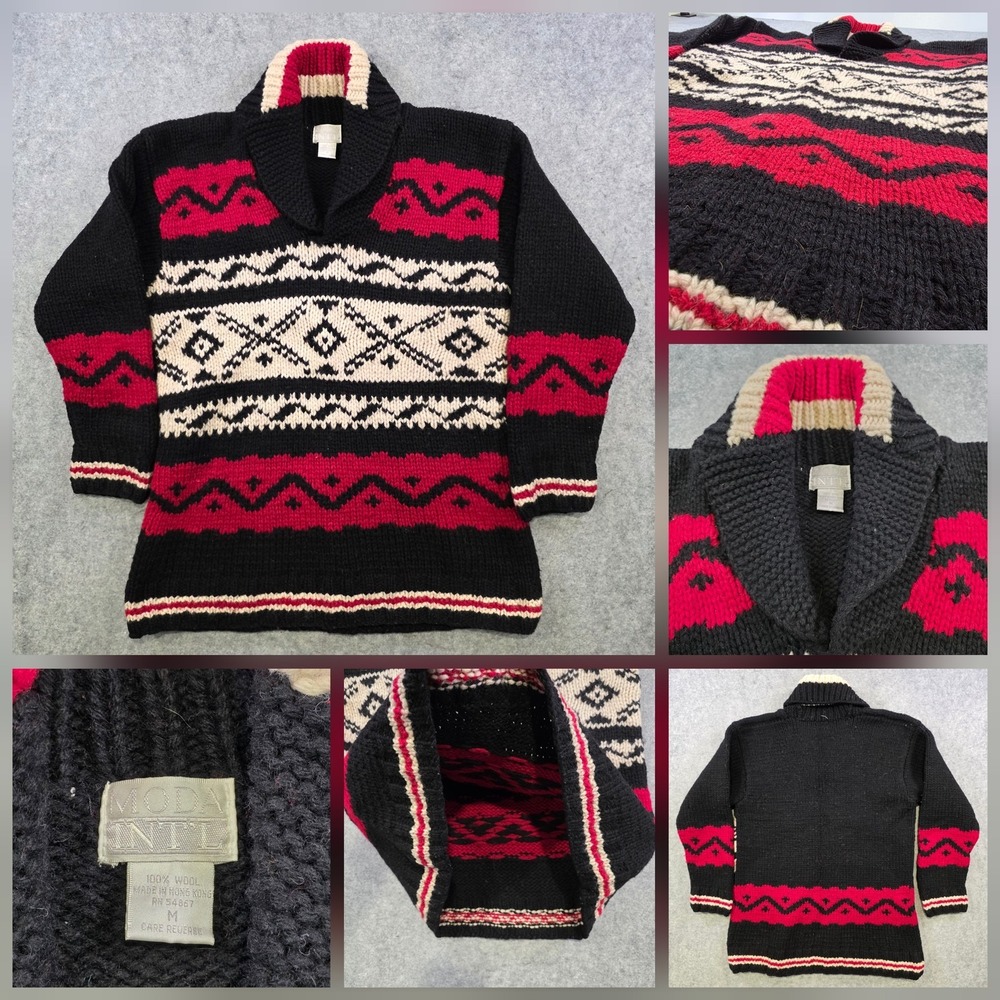 Vintage MODA INTL Sweater Womens Medium‎ Black Wool Fair Isle Chunky Knit Aztec